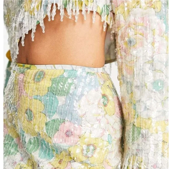 ASOS EDITION pastel floral print and sequin long sleeve top with fringe - Picture 10 of 13